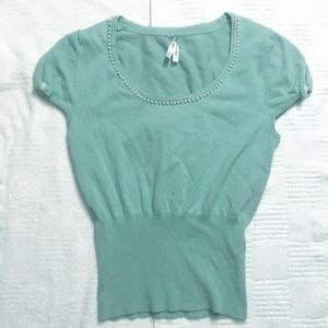 Mint pearl bow cinched shirt top